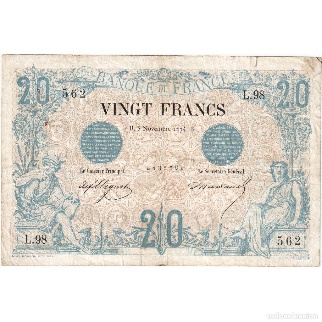 Billetes extranjeros: [#336991] Francia, 20 Francs, Noir, 1874-11-05, L.98, BC