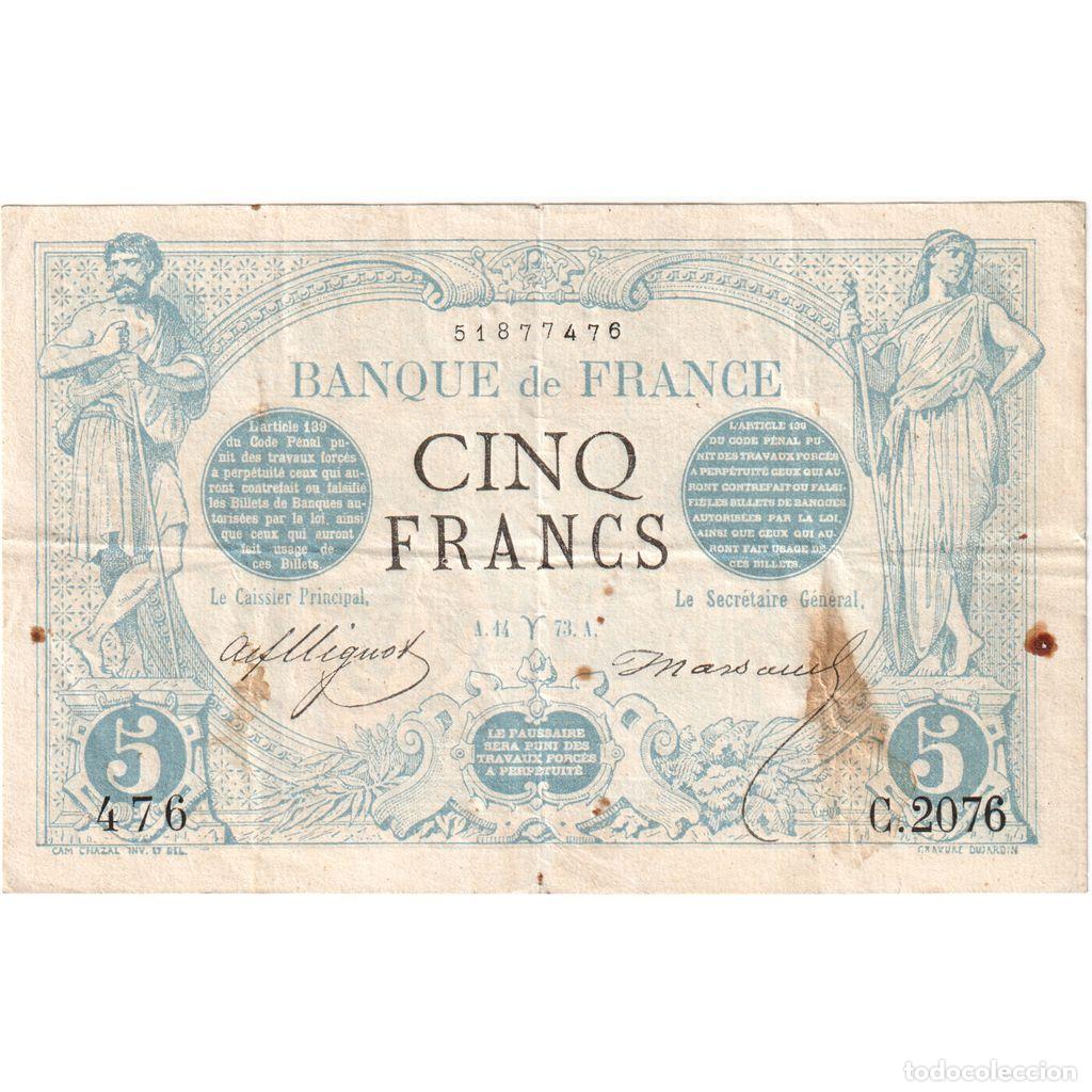 Billetes extranjeros: [#336992] Francia, 5 Francs, Noir, 1873-03-14, C.2076, RC+