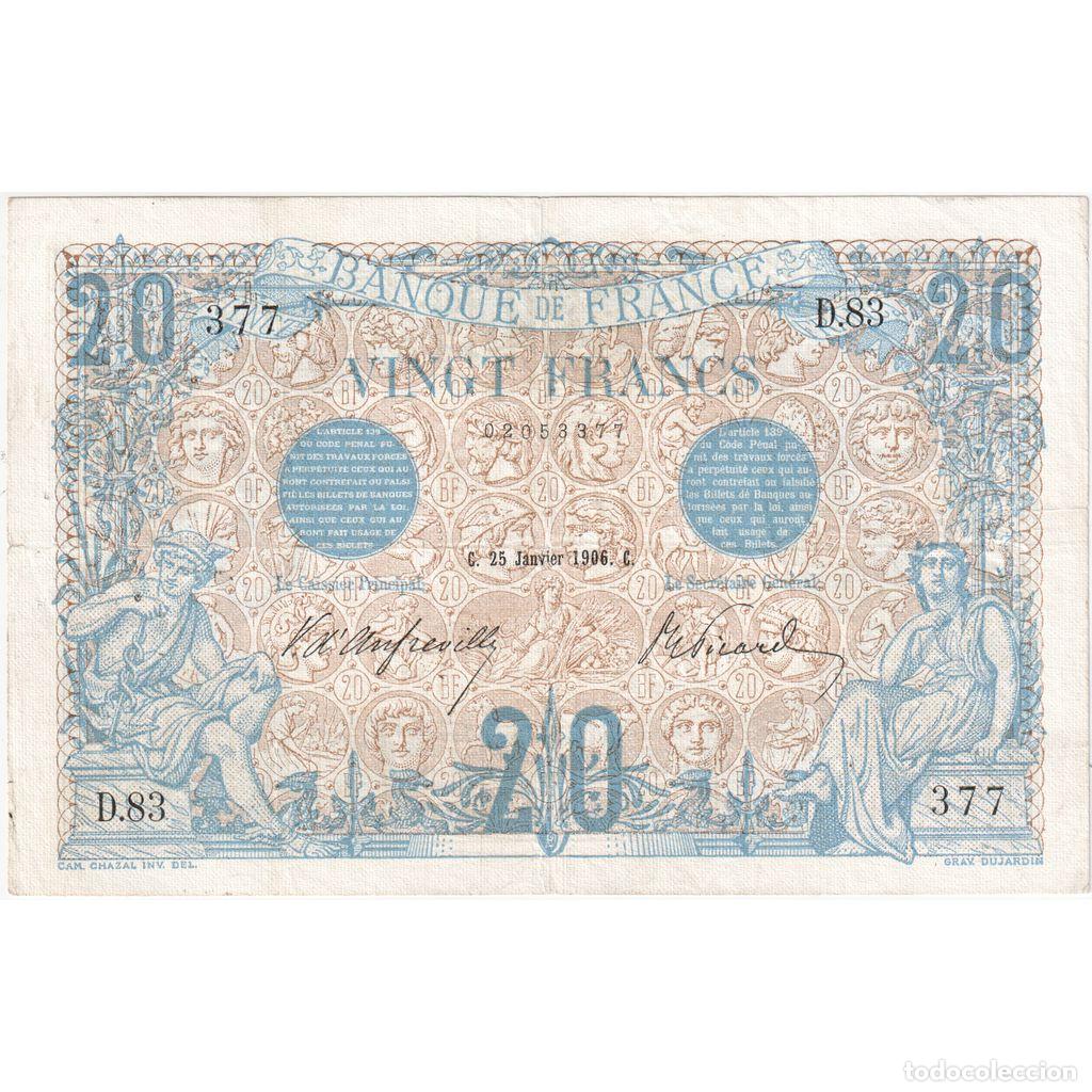 Billetes extranjeros: [#337000] Francia, 20 Francs, Bleu, 1906-01-25, D.83, BC+