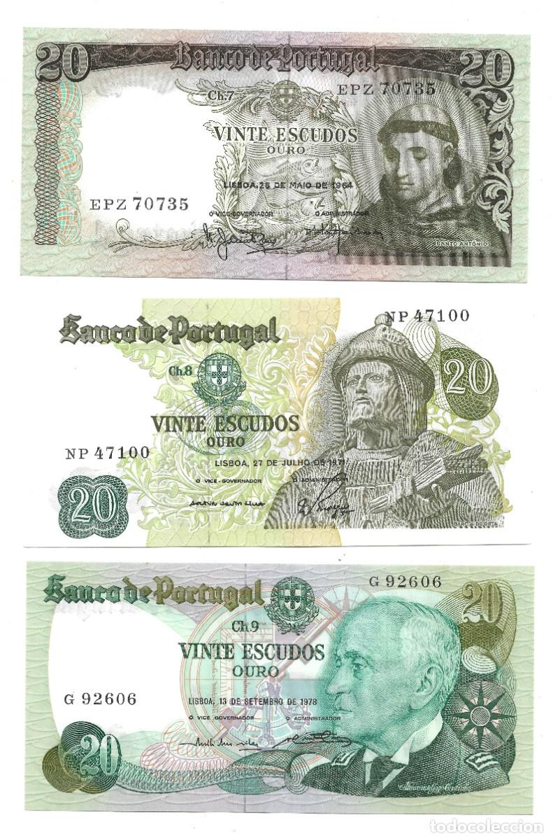 Billetes extranjeros: 3 Billetes Hist&oacute;ricos de Portugal &ndash; 20 Escudos Ouro (Chapas 7, 8 y 9)