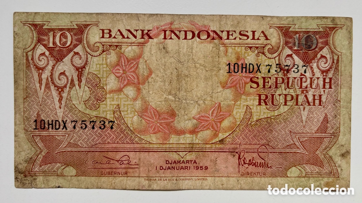 Billetes extranjeros: Billete INDONESIA 10 Rupias 1959. Rupiah