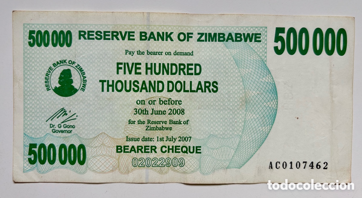 Billetes extranjeros: Billete ZIMBABWE 500000 Dolares 2008. Dollars.