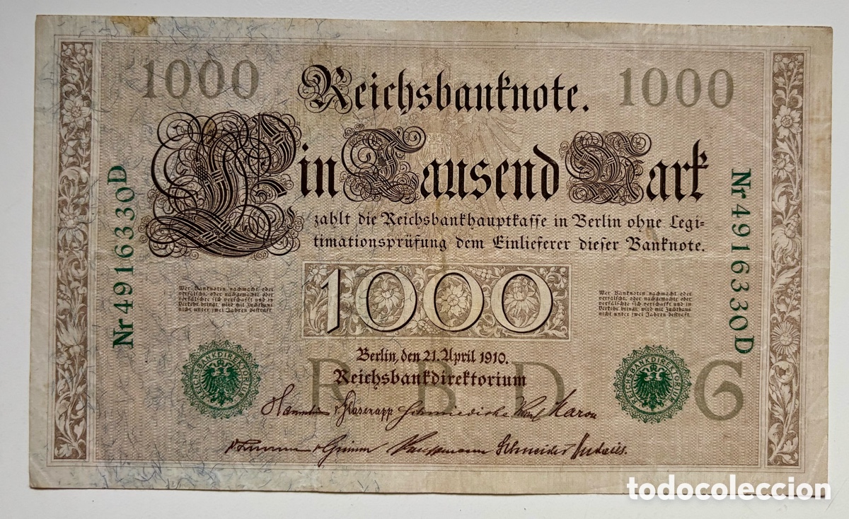 Billetes extranjeros: Billete ALEMANIA 1000 Marcos 1910. Sello y Numeracion Verde