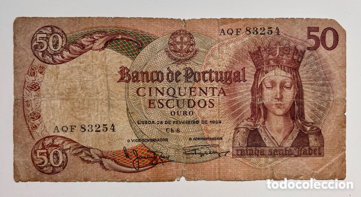 Billetes extranjeros: Billete PORTUGAL 50 Escudos 1964. Da&ntilde;ado