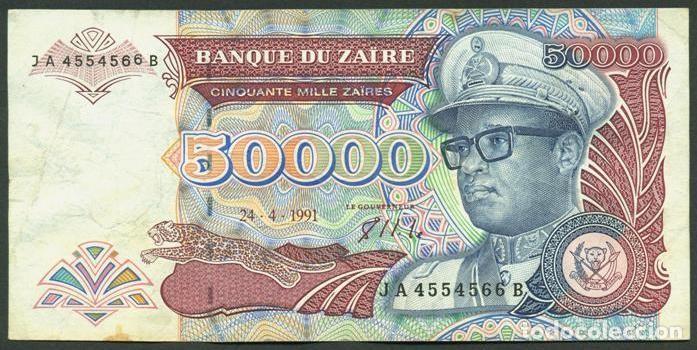 Billetes extranjeros: ZAIRE. 50000 zaires 24.4.1991. Pick 40. Fauna, gorilas. Prefijo 2 letras.