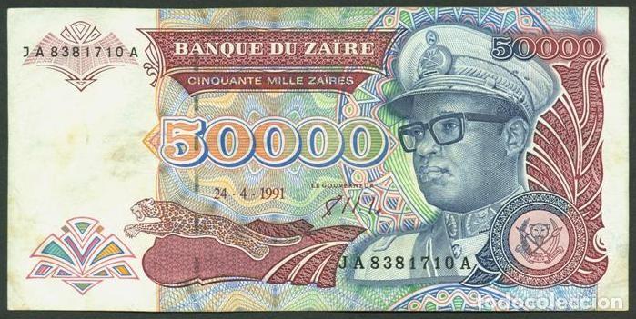 Billetes extranjeros: ZAIRE. 50000 zaires 24.4.1991. Pick 40. Fauna, gorilas. Prefijo 2 letras.