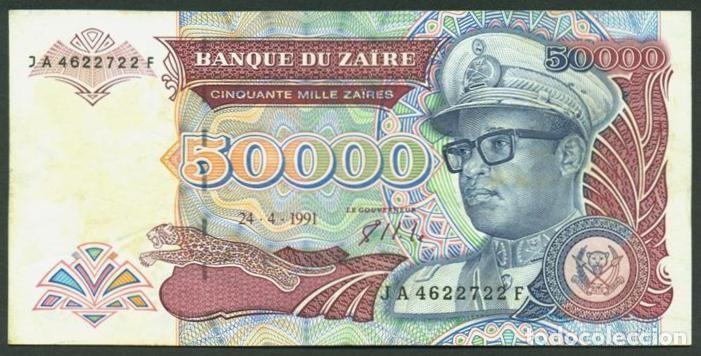 Billetes extranjeros: ZAIRE. 50000 zaires 24.4.1991. Pick 40. Fauna, gorilas. Prefijo 2 letras.