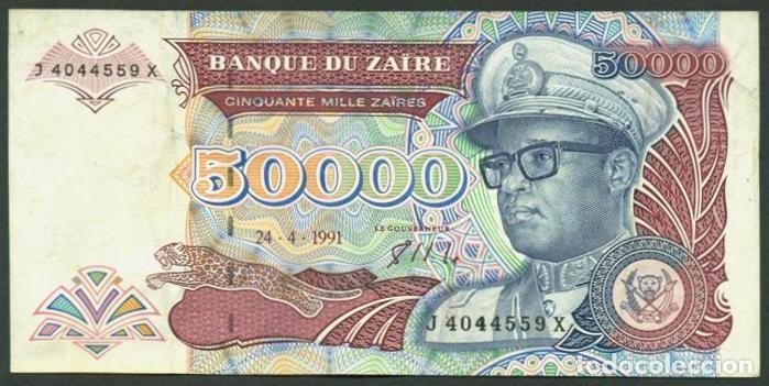 Billetes extranjeros: ZAIRE. 50000 zaires 24.4.1991. Pick 40. Fauna, gorilas. Prefijo 1 letra.