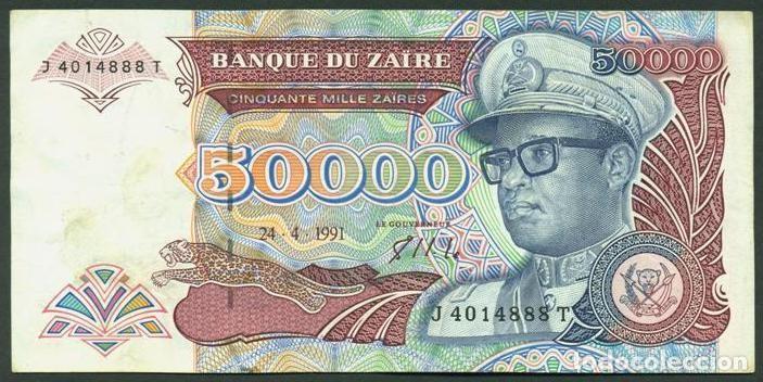 Billetes extranjeros: ZAIRE. 50000 zaires 24.4.1991. Pick 40. Fauna, gorilas. Prefijo 1 letra.