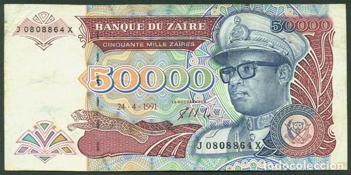 Billetes extranjeros: ZAIRE. 50000 zaires 24.4.1991. Pick 40. Fauna, gorilas. Prefijo 1 letra.