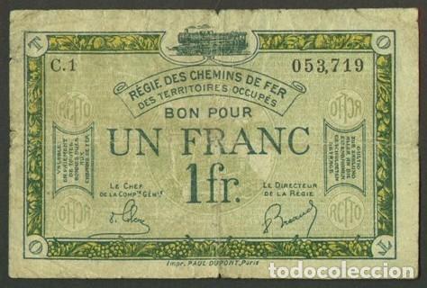 Billetes extranjeros: FRANCIA. Chemins de Fer. 1 franc (1923). Ferrocarril.