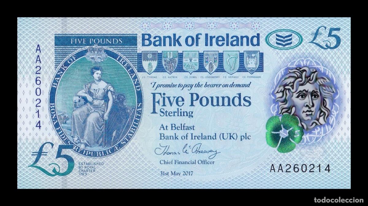 Billetes extranjeros: Irlanda del Norte 5 Libras Bank of Ireland 2017 Pick 90 Serie AA Pol&iacute;mero Sc Unc