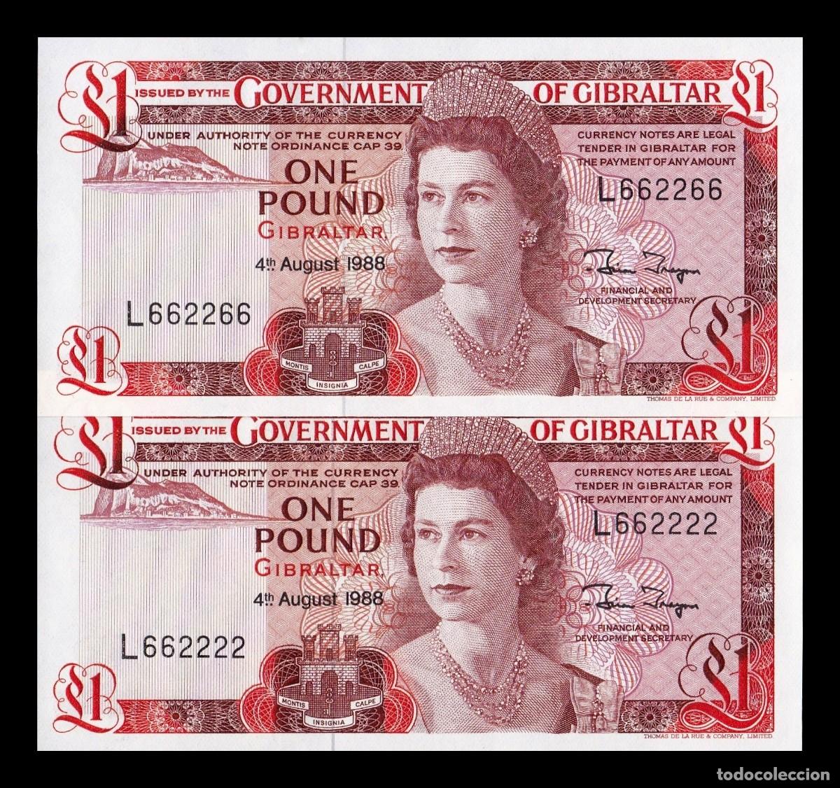 Billetes extranjeros: Gibraltar Pareja 1 Libra Elizabeth II 1988 Pick 20e Capicua y Bonita numeraci&oacute;n Sc Unc