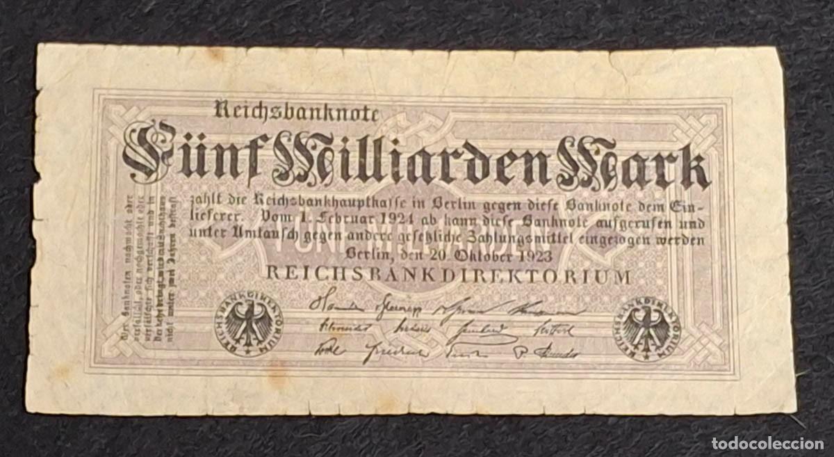 Billetes extranjeros: 5 mil millones de marcos (F&uuml;nf Milliarden Mark) emitido por el banco central alem&aacute;n Reichsbank 1923