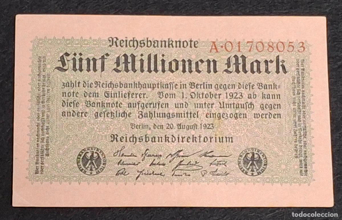 Billetes extranjeros: 5 millones de marcos (F&uuml;nf Millionen Mark) emitido por el Reichsbank de Alemania el 20 agosto 1923