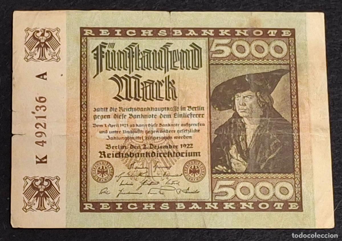 Billetes extranjeros: 5000 Marcos alemanes emitido por el Reichsbank en 1922