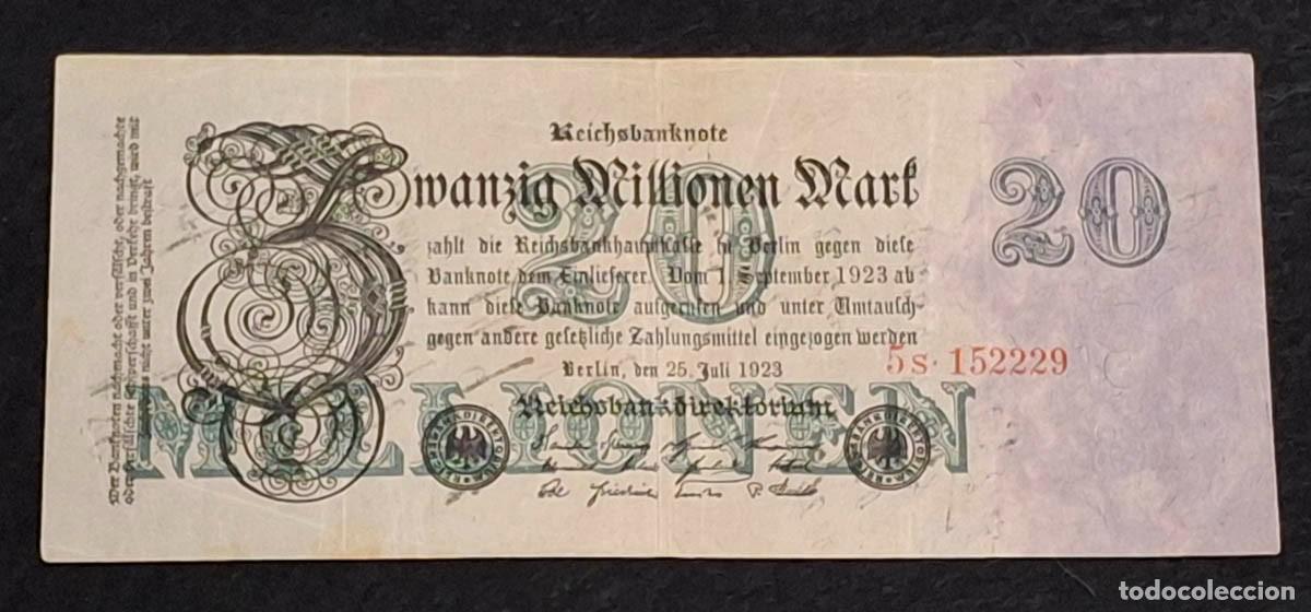 Billetes extranjeros: 20 millones de marcos (\(Zwanzig\ Millionen\ Mark\)) emitido por el Reichsbank en Alemania en 1923