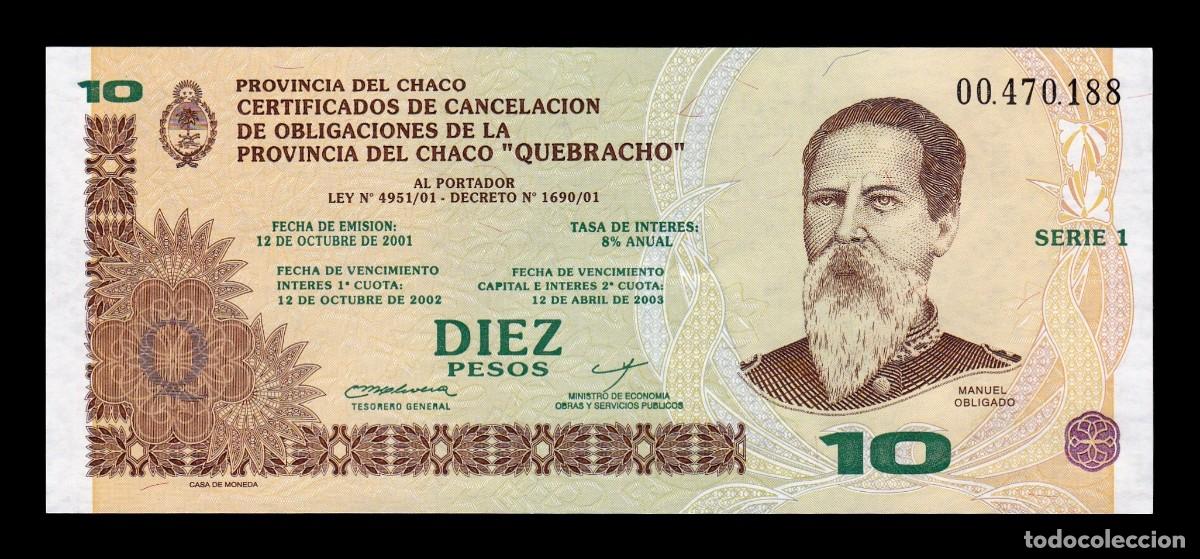 Billetes extranjeros: Argentina 10 Pesos Provincia Chaco 2001 Pick SNL Sc Unc