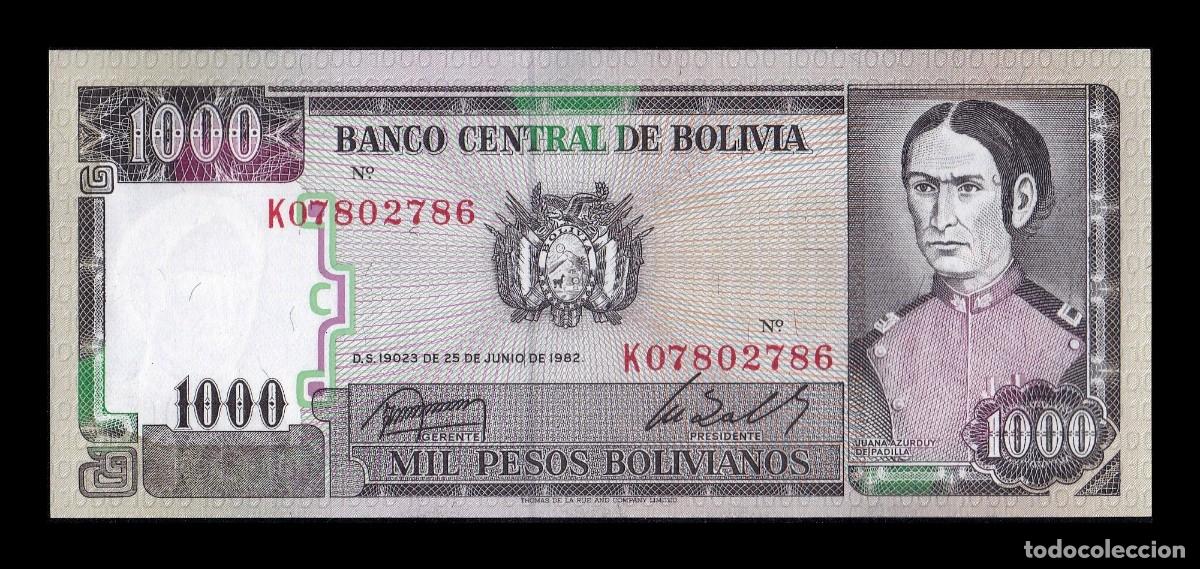 Internationale Banknoten: Bolivia 1000 Pesos Bolivianos Juana Azurduy 1982 Pick 167a(3) Sc Unc
