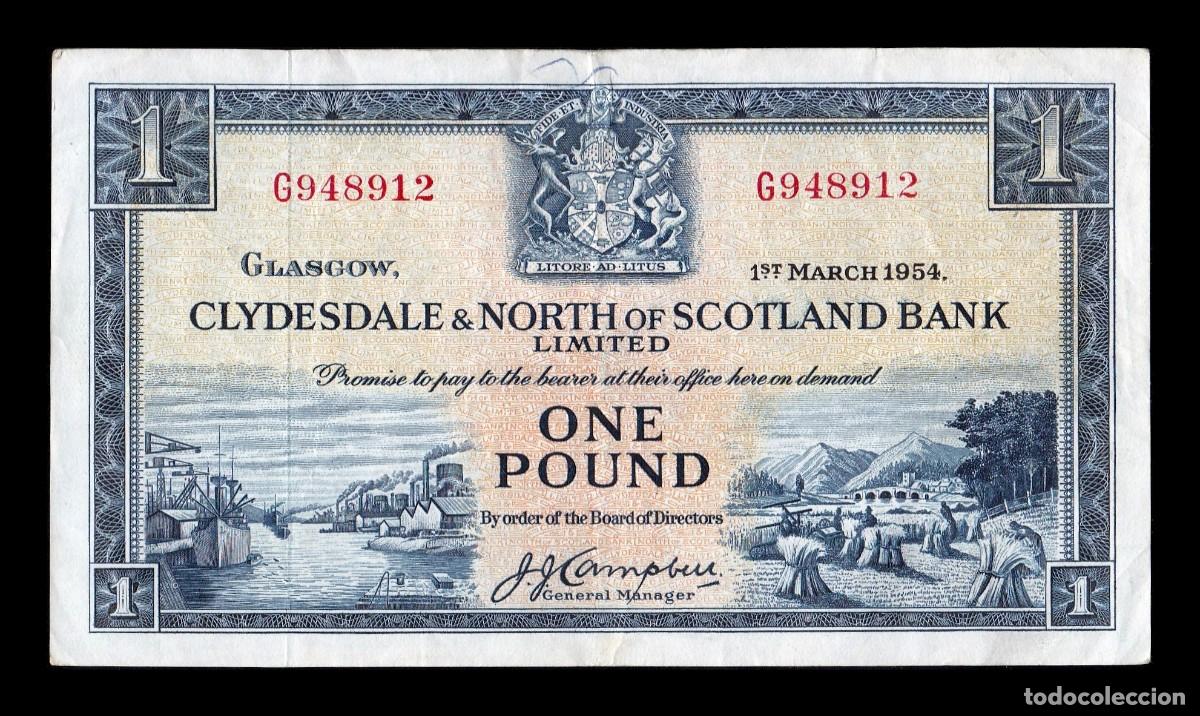 Billetes extranjeros: Escocia Clydesdale and North of Scotland Bank 1 Libra 1954 Pick 191a Mbc Vf