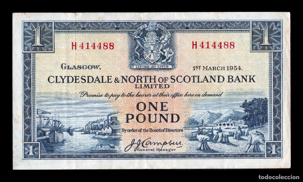 Billetes extranjeros: Escocia Clydesdale and North of Scotland Bank 1 Libra 1954 Pick 191a Mbc Vf