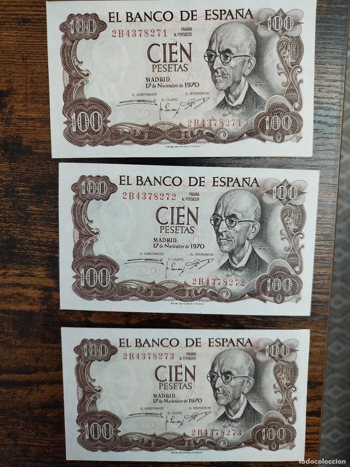 Billetes extranjeros: 3x correlativos 100 pesetas 1970 billete SC y buena impresi&oacute;n