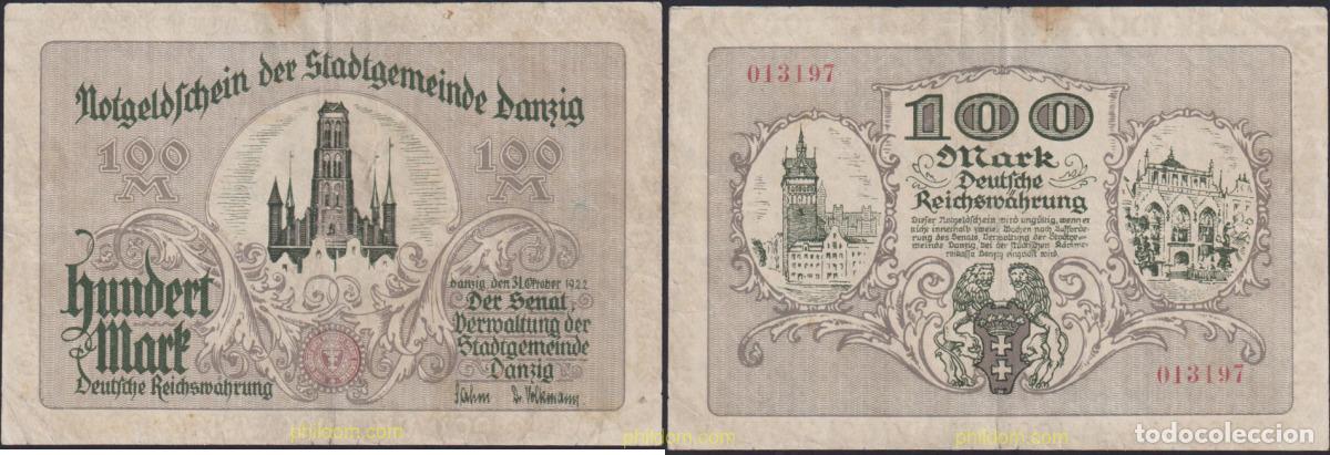 Billetes extranjeros: 1194 ALEMANIA. Danzig 1922 DANZIG GERMANY POLAND 100 MARK 1922
