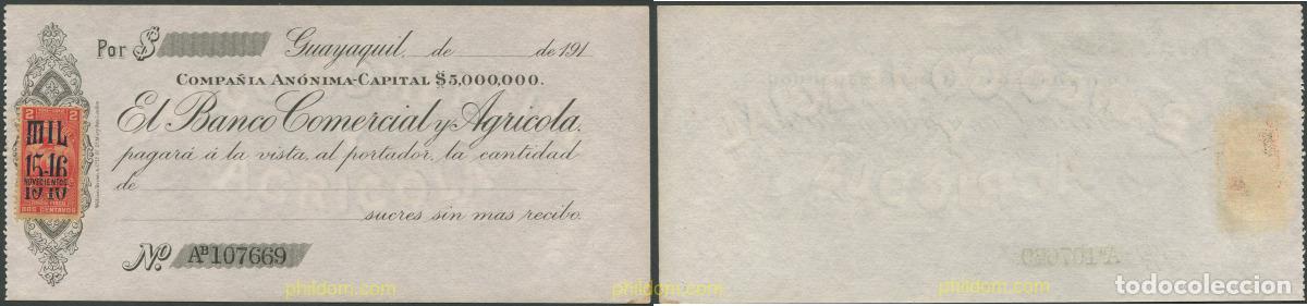 Billetes extranjeros: 1232 ECUADOR 1915 ECUADOR GUAYAQUIL CHECK BANCO COMERCIAL AGRICOLA 191X UNC