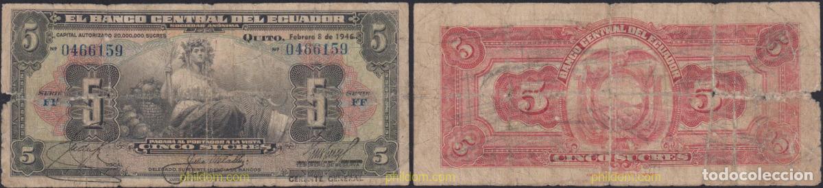 Billetes extranjeros: 1239 ECUADOR 1946 ECUADOR 5 SUCRES 1946 GERENTE GENERAL
