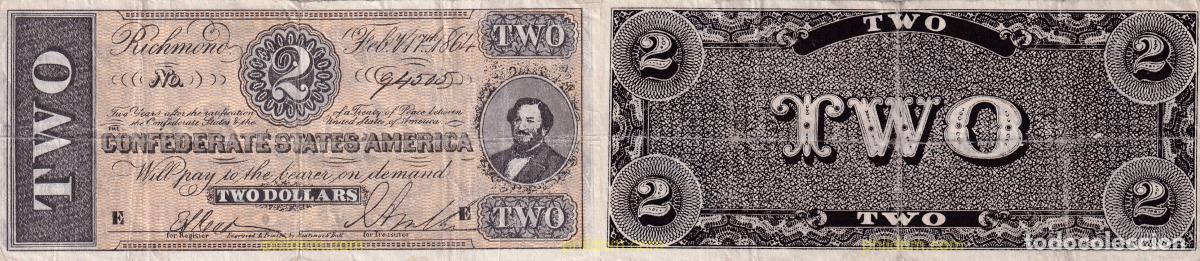 Internationale Banknoten: 1855 ESTADOS UNIDOS 1864 USA CONFEDERATE STATES OF AMERICA 2 DOLLARS 1864 RICHMOND REPRODUCTION !!