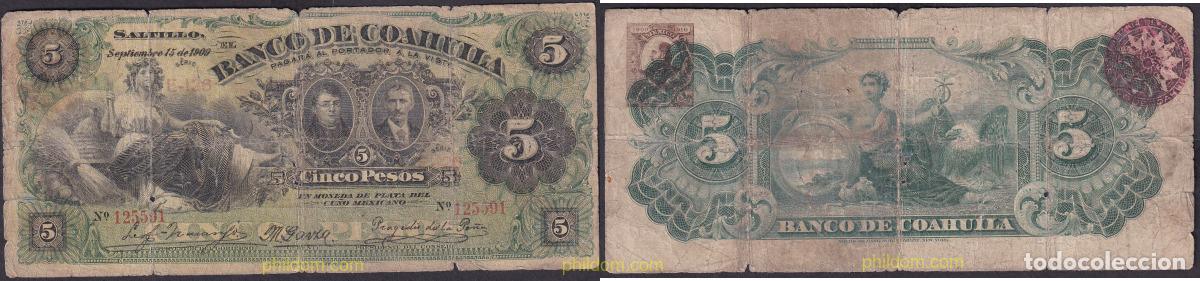 Billetes extranjeros: 2255 MEXICO 1909 MEXICO BANCO DE COAHUILA 5 PESOS 1909