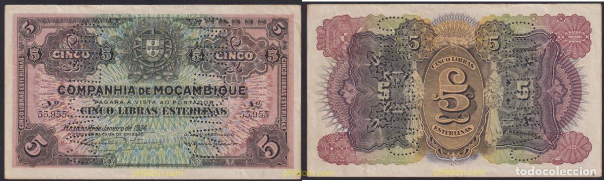 Billetes extranjeros: 2487 MOZAMBIQUE 1934 MOZAMBIQUE 5 LIBRAS ESTERLINAS 1934 CANCELADO