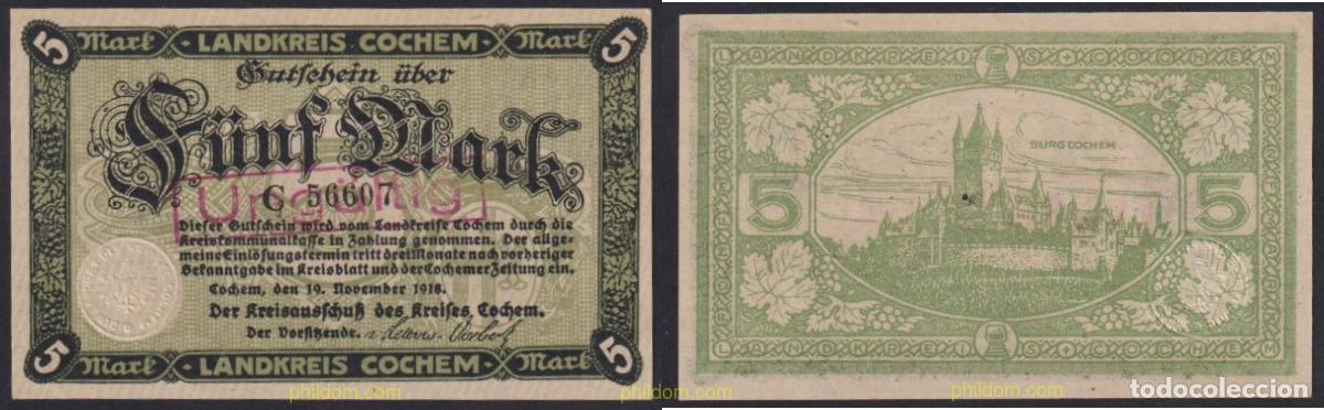 Billets internationaux: 3029 ALEMANIA 1918 GERMANY 5 MARK COCHEM 1918