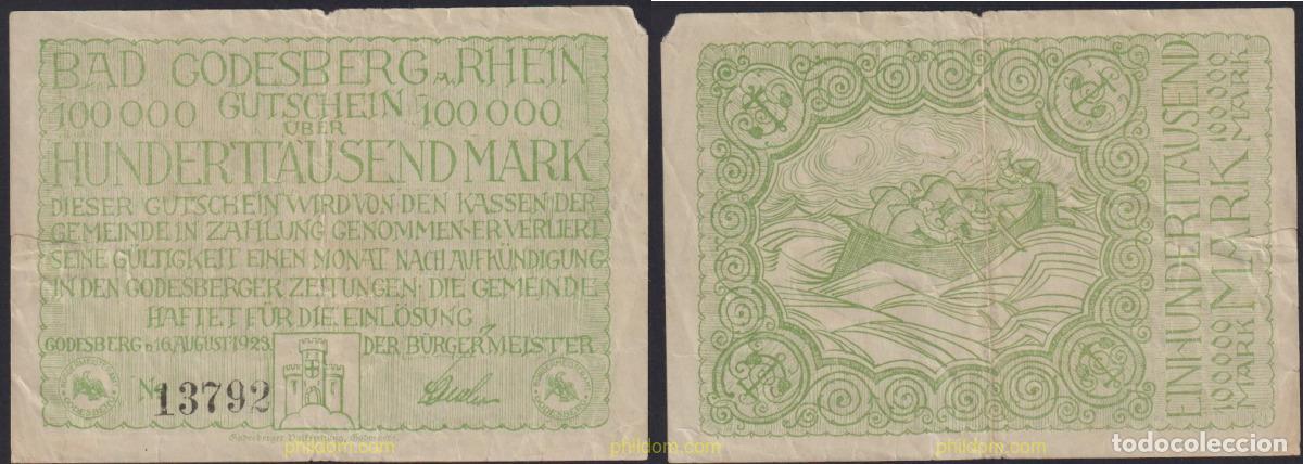 Billets internationaux: 3040 ALEMANIA 1923 GERMANY BAD GODESBERG RHEIN 100000 MARK 1923