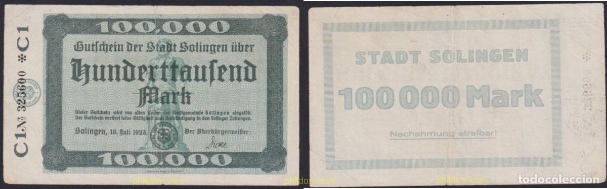 International Banknotes: 3085 ALEMANIA 1923 GERMANY 100000 MARK 1923 SOLINGEN