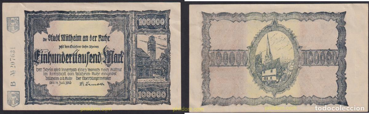 International Banknotes: 3093 ALEMANIA 1923 GERMANY 100000 MARK 1923 M&Uuml;LHEIM