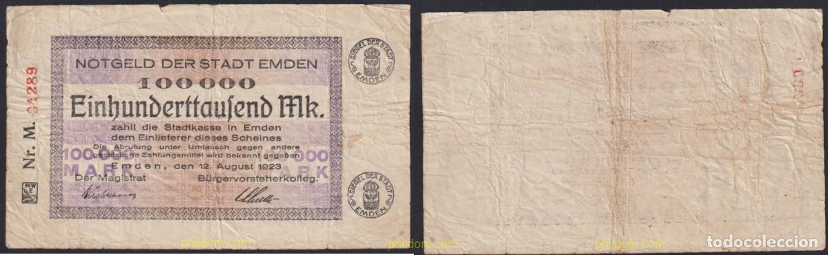 International Banknotes: 3089 ALEMANIA 1923 GERMANY 100000 MARK 1923 STADT EMDEN