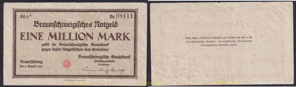 International Banknotes: 3140 ALEMANIA 1923 GERMANY BRAUNSCHWEIG 1 MILLION MARK 1923