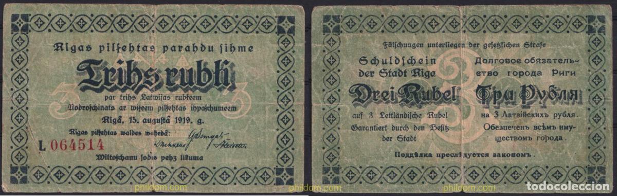 Internationale Banknoten: 3485 LETONIA 1919 LATVIA RIGA 'S PROMISSORY 3 RUBLI 1919