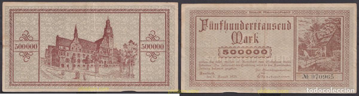 Billetes extranjeros: 3539 ALEMANIA 1923 GERMANY REMSCHEID 500000 MARK 1923