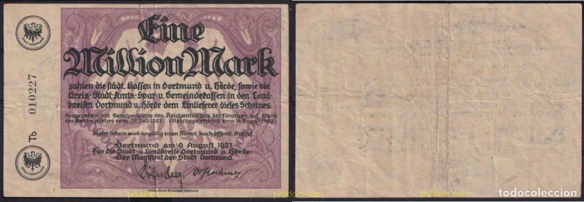 Internationale Banknoten: 3645 ALEMANIA 1922 ALEMANIA DORTMUND 1 MILLION MARK 1922