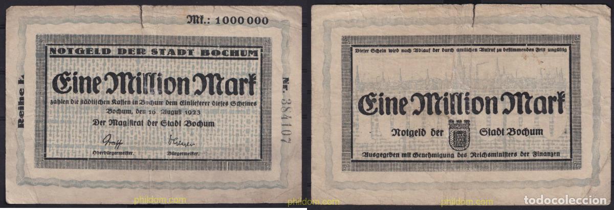 Internationale Banknoten: 3651 ALEMANIA 1923 GERMANY 1000000 MARK BOCHUM 1923 EMERGENCY