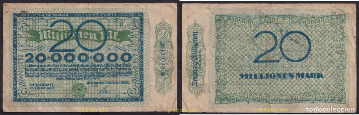 Billetes extranjeros: 3660 ALEMANIA 1923 20 MILLIONEN MARK 1923 DUISBURG