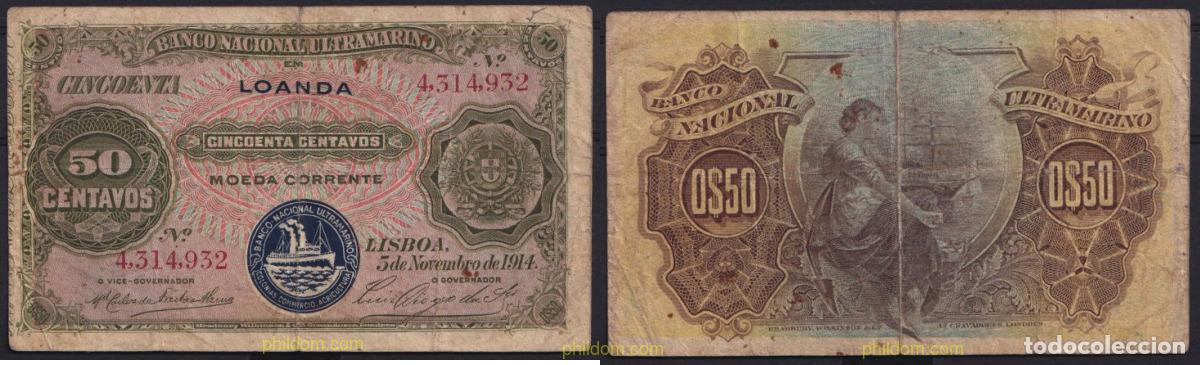Billetes extranjeros: 3801 ANGOLA 1914 ANGOLA LOANDA 50 CENTAVOS 1914