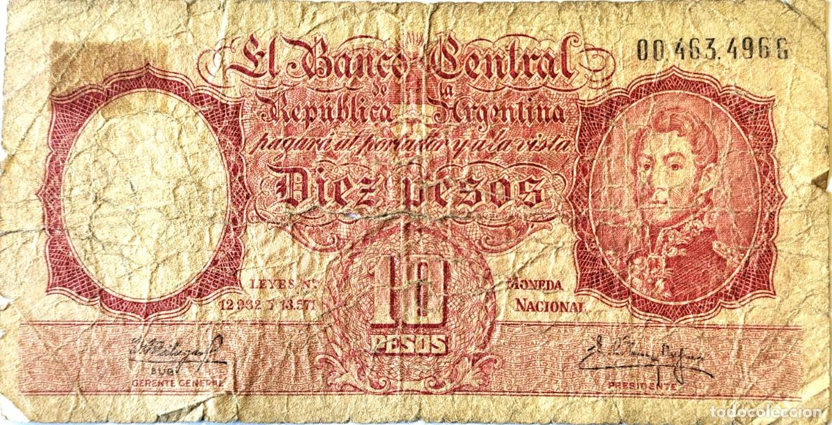 Billetes extranjeros: ARGENTINA (1961) - 10 PESOS MONEDA NACIONAL - LEYES N&deg;12962 Y 13571 - 00.463.496 G - PICK#270e - B