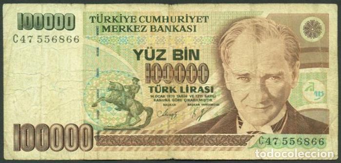 Billetes extranjeros: TURQUIA. 100000 lira (1997). Pick 205 b. Serie C. Con ornamento en la esq. sup. dcha.