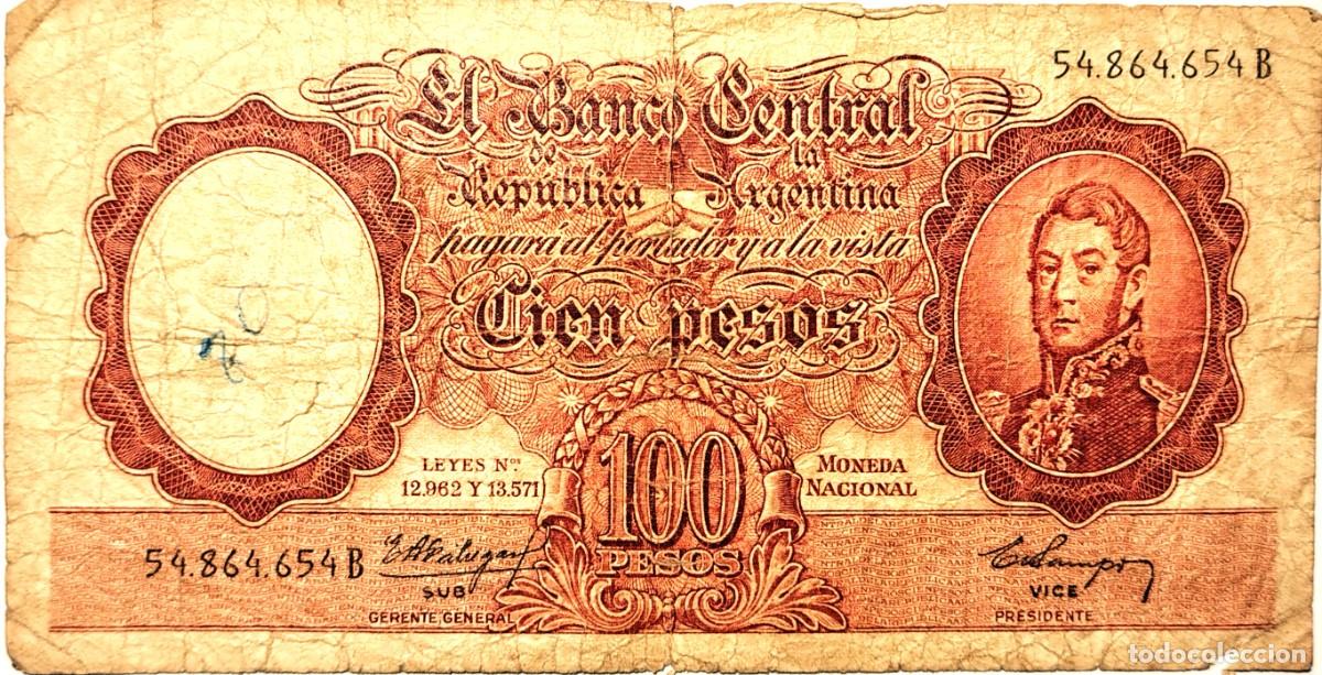 Billetes extranjeros: ARGENTINA (1960) - 100 PESOS MONEDA NACIONAL - LEYES N&deg;12962 Y 13571 - 54.864.654 B - PICK#272b - MB