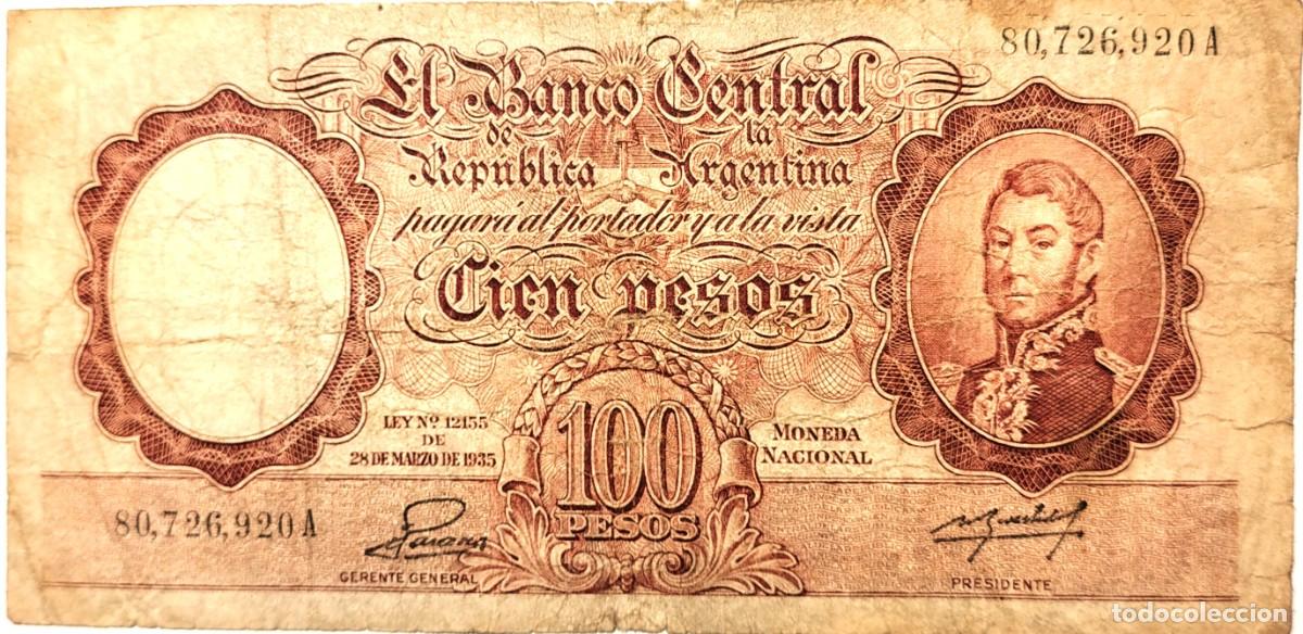 Billetes extranjeros: ARGENTINA (1953) - 100 PESOS MONEDA NACIONAL - LEY N&ordm; 12.155 DE 28 DE MARZO DE 1935 - 80.726.920 A