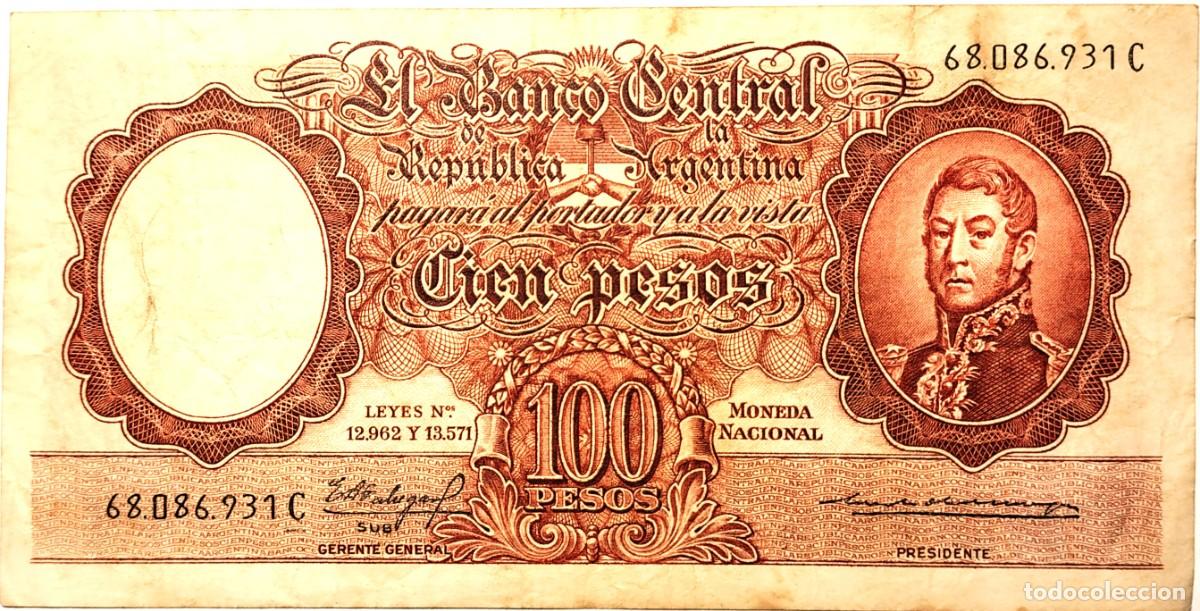 Billetes extranjeros: ARGENTINA (1963) - 100 PESOS MONEDA NACIONAL - LEYES N&deg;12962 Y 13571 - 68.086.931 C - PICK#272c - MB