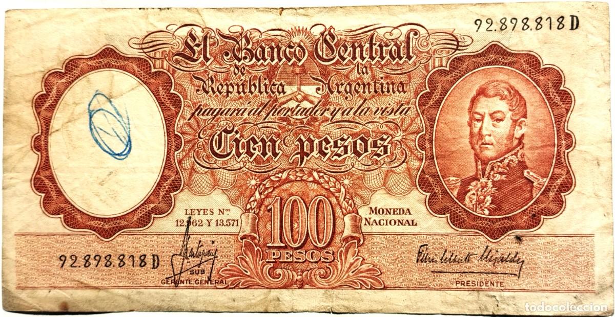 Billetes extranjeros: ARGENTINA (1965) - 100 PESOS MONEDA NACIONAL - LEYES N&deg;12962 Y 13571 - 92.898.818 D - PICK#272c - B